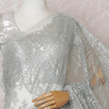 Tea blue, silver Premium pure French metallic chantilly lace saree having stone work in floral design-D14589