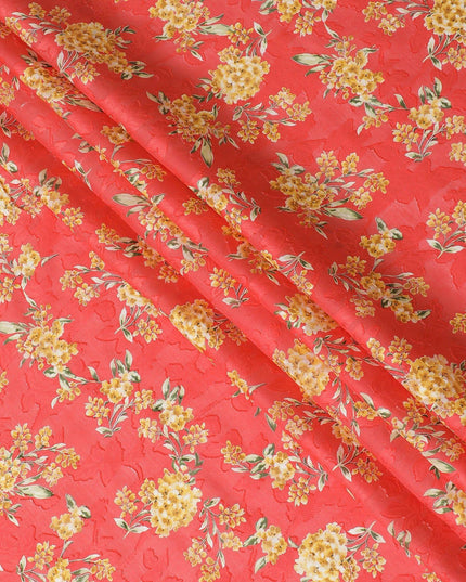 Crimson red uragiri cotton fabric with same tone jacquard having mustard, olive green and black print in floral design-D14321