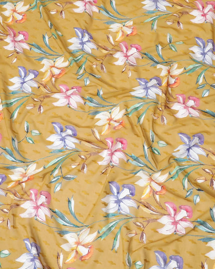 Mustard yellow cotton voile fabric with same tone jacquard having multicolor print in floral design-D8247 Regal Fabrics