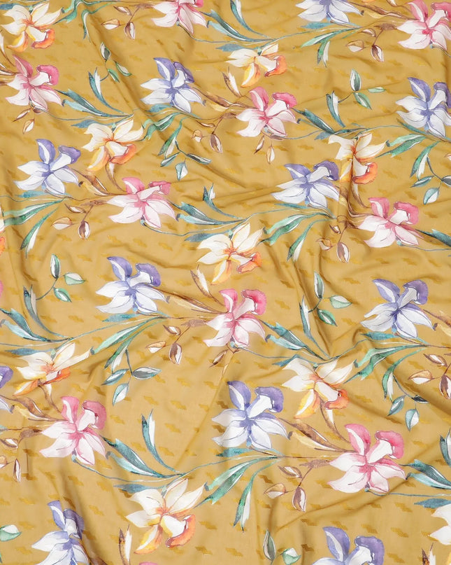 Mustard yellow cotton voile fabric with same tone jacquard having multicolor print in floral design-D8247 Regal Fabrics