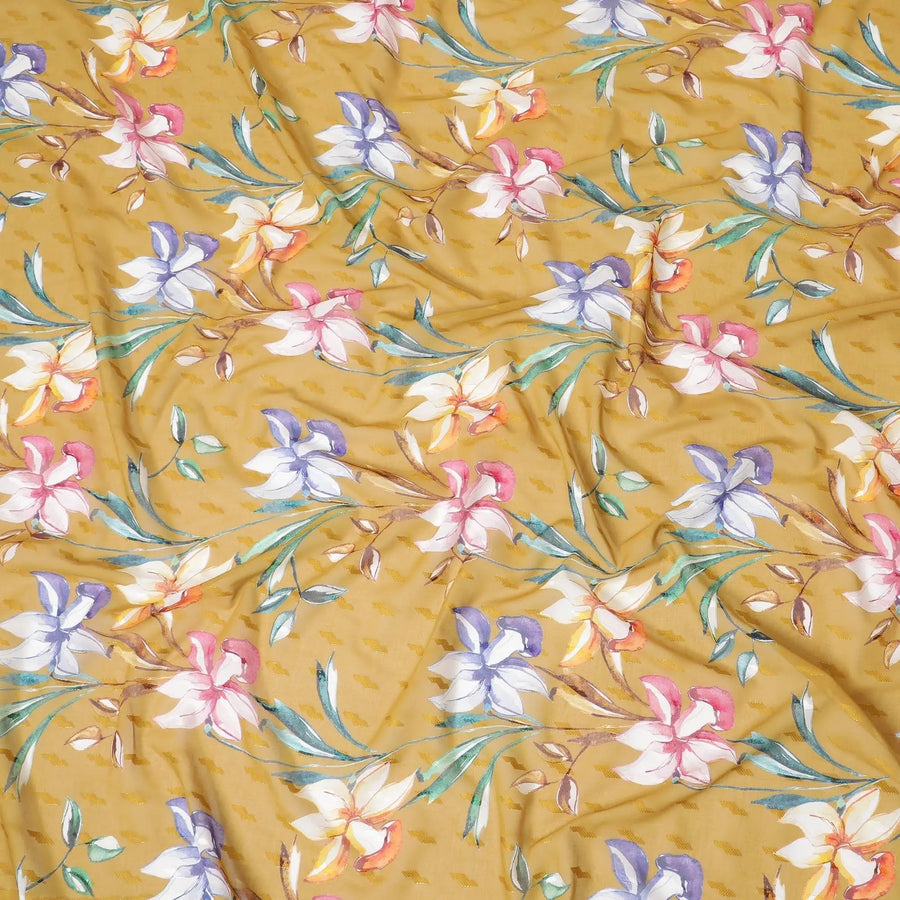 Mustard yellow cotton voile fabric with same tone jacquard having multicolor print in floral design-D8247 Regal Fabrics