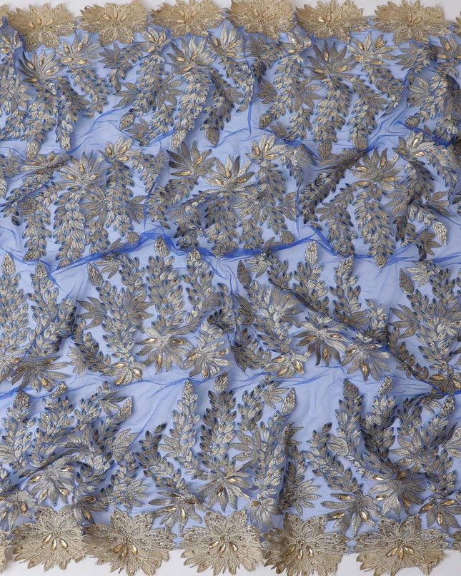 Royal blue nylon tulle fabric with gold embroidery having stone work in floral design-D11742 Regal Fabrics