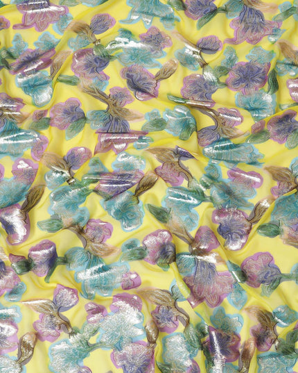 قماش شيفون من الحرير الخالص باللون الأصفر الليموني مع طباعة يدوية متعددة الألوان ولوريكس معدني بتصميم زهور-D10428