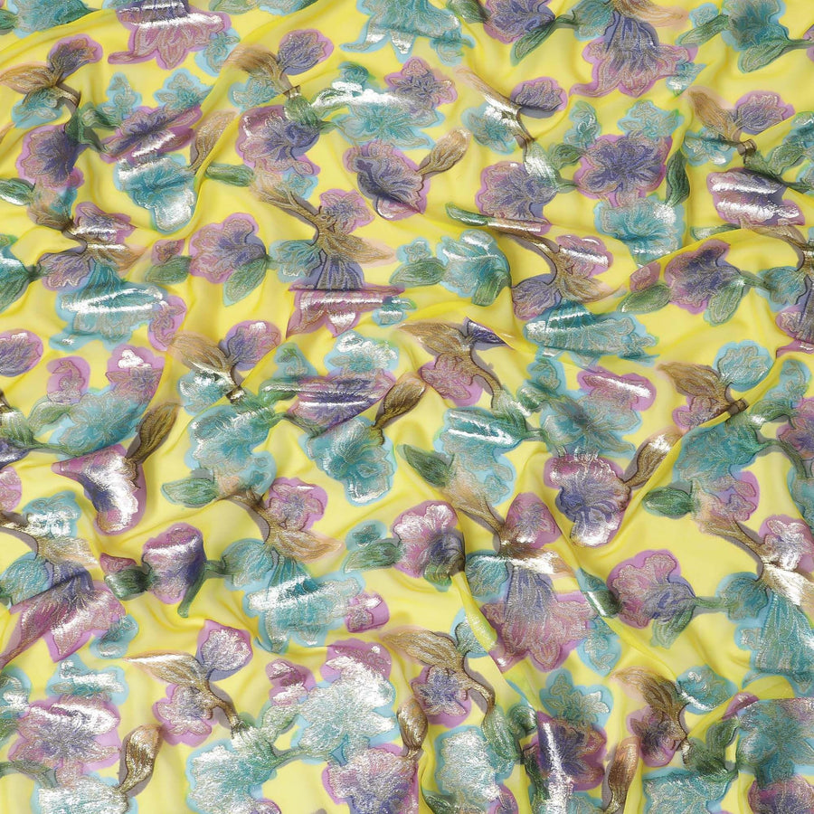 قماش شيفون من الحرير الخالص باللون الأصفر الليموني مع طباعة يدوية متعددة الألوان ولوريكس معدني بتصميم زهور-D10428