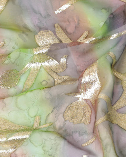 قماش شيفون حريري خالص مطبوع يدويًا متعدد الألوان مع لوركس معدني ذهبي بتصميم زهور-D9413