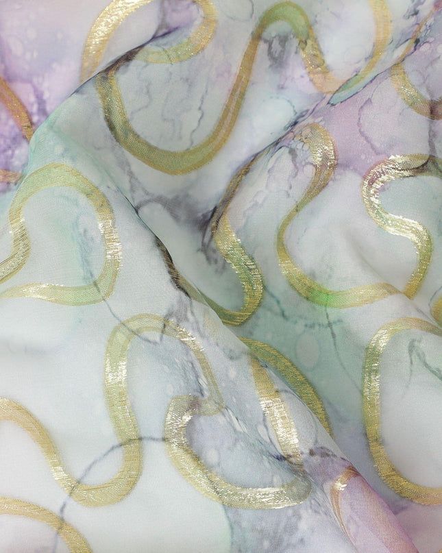 قماش شيفون من الحرير الخالص متعدد الألوان مع لوريكس معدني ذهبي بتصميم تجريدي-D13713