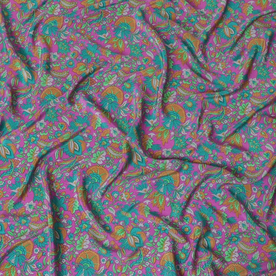 Violet silk crepe fabric with off white, blue, green, grey and yellow prints in floral design - D9916