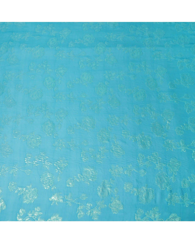 قماش شيفون من الحرير الخالص باللون الأزرق الفيروزي مع لوركس معدني أخضر نيون بتصميم زهور-D12419