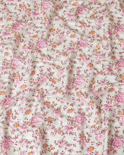 Mint green cotton satin fabric with pink, peach and brown print in floral design-D15287 - Regal Fabrics