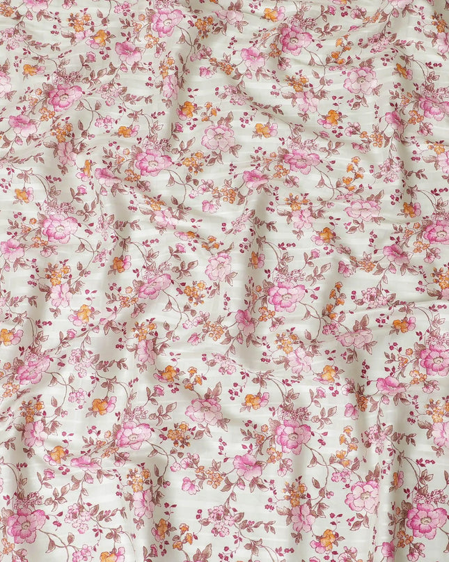 Mint green cotton satin fabric with pink, peach and brown print in floral design-D15287 Regal Fabrics