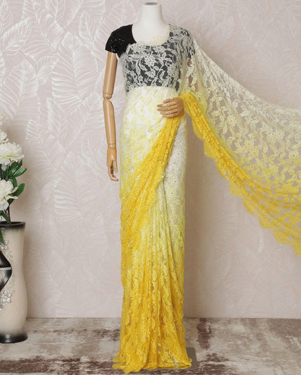 أصفر ليموني إلى أصفر سايبر دانتيل الساري الفرنسي الخالص شانتيلي ذو عمل حجري بتصميم أومبري-D14603