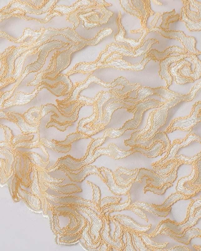 Blonde yellow nylon tulle fabric with same tone and mustard yellow embroidery in fancy design-D11775