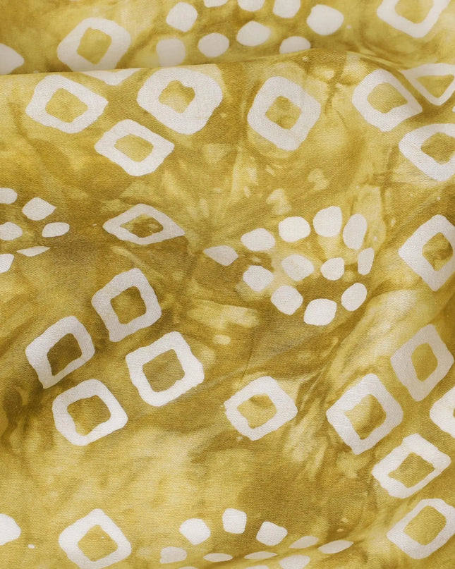 Olive green cotton lawn fabric with white print in geometric design-D14254 Regal Fabrics