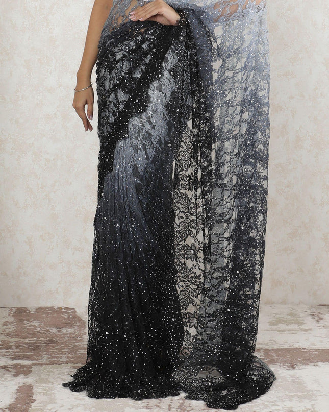 Black to Pearl grey Premium Pure French chnatilly saree lace having stone work in ombre design-D13469
