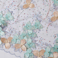 Baby blue nylon tulle fabric with light pink, peach and turquoise blue embroidery having pearl work in floral design-D11731