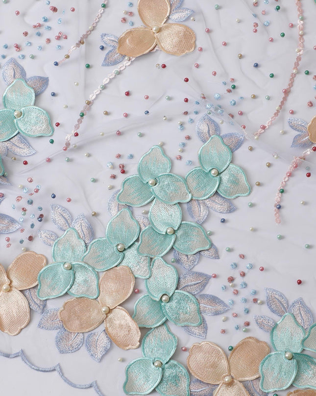 Baby blue nylon tulle fabric with light pink, peach and turquoise blue embroidery having pearl work in floral design-D11731