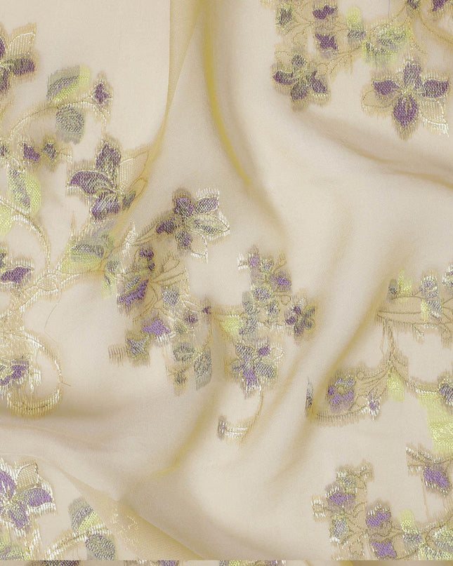 قماش من الشيفون الحريري الخالص الفاخر بلونين باللون الأخضر الداكن مع الفيسكوز الأرجواني والوركس المعدني الذهبي بتصميم الأزهار-D13180