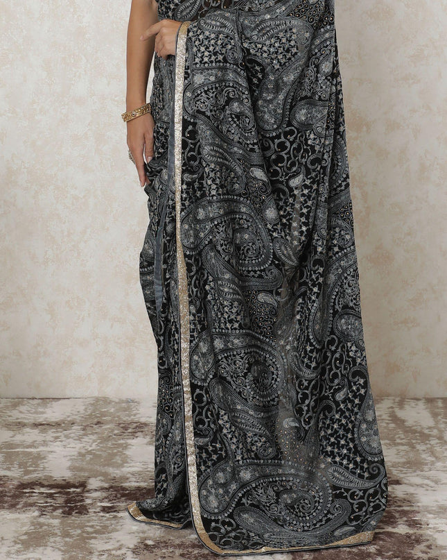 Black premium pure georgette Kashmiri work saree with grey embroidery having stone work and gold border bead work in paisley design-D12563