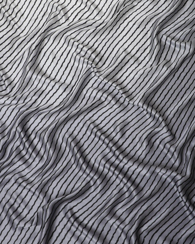 Iron grey premium pure silk satin fabric with black print in fancy design-D12513