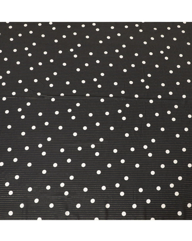 Black Italian viscose crepe fabric with off white print having gold metallic lurex stripe in Polka dot design-D7807