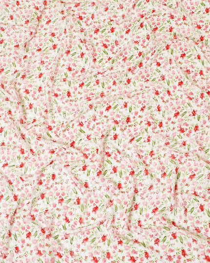 Beige Premium Italian silk chiffon dirac (makmal) fabric with olive green, scarlet red print having velvet jacquard in floral design-D8703