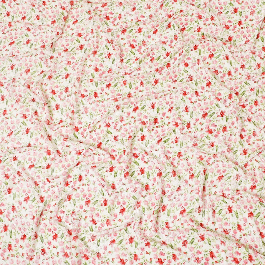 Beige Premium Italian silk chiffon dirac (makmal) fabric with olive green, scarlet red print having velvet jacquard in floral design-D8703