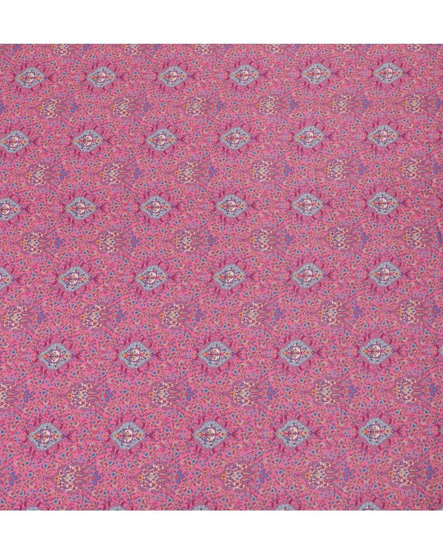 Taffy pink synthetic crepe fabric with multicolor print in floral design-D15036 Regal Fabrics
