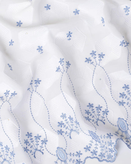White premium Swiss cotton voile fabric with same tone and baby blue embroidery having stone work in fancy design-D10370