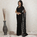 Black Premium pure French chantilly lace saree having crimson red stone work in floral design-D13479