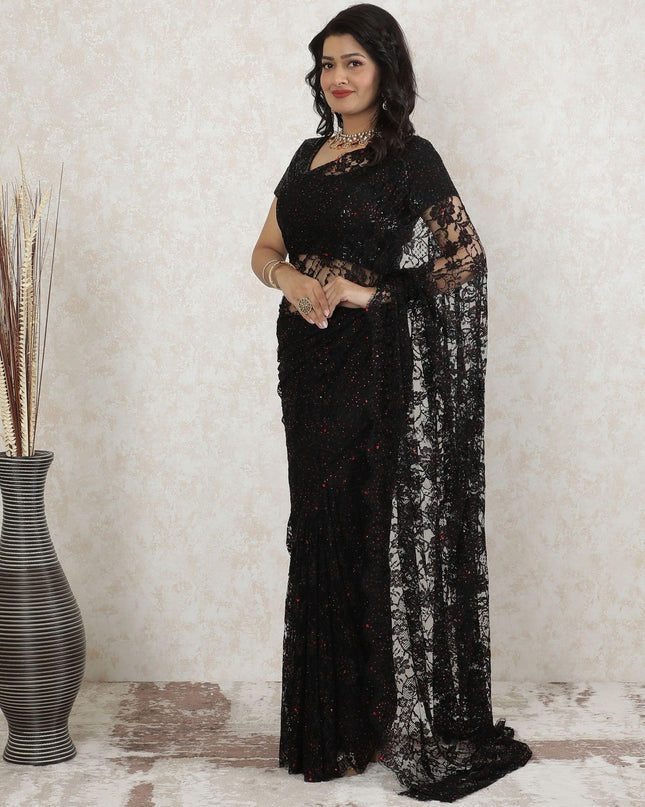 Black Premium pure French chantilly lace saree having crimson red stone work in floral design-D13479