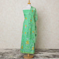 Pastel green blended cotton lawn fabric with same tone, mustard embroidery and stone work in floral design-D12027