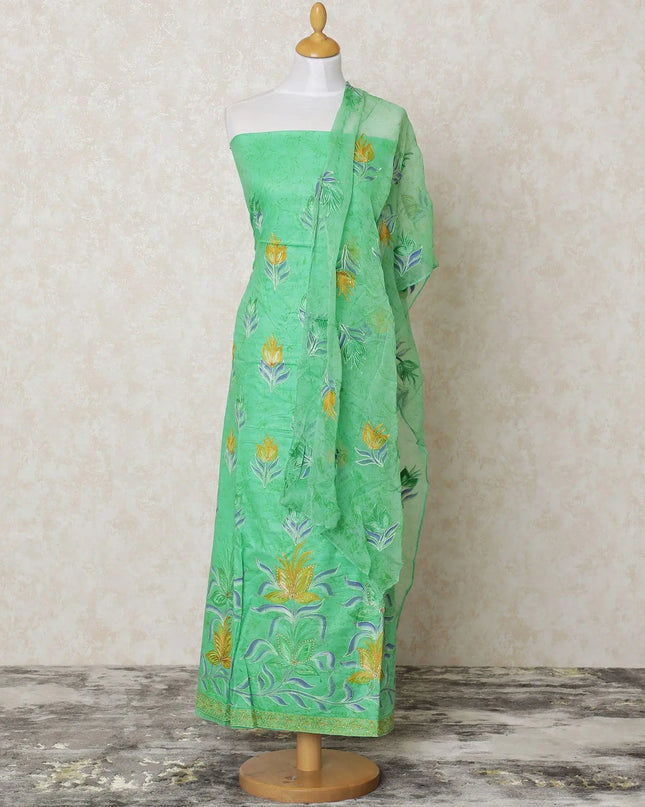 Pastel green blended cotton lawn fabric with same tone, mustard embroidery and stone work in floral design-D12027 Regal Fabrics