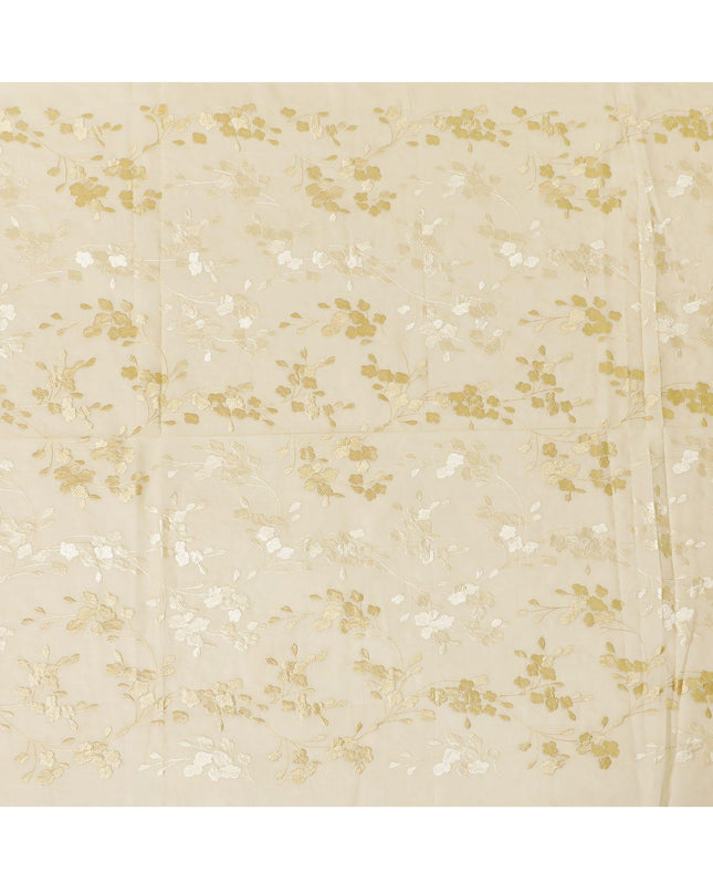 قماش الفوال القطني الخالص الذهبي الفاخر بنفس اللون والتطريز البيج بتصميم الأزهار-D13632