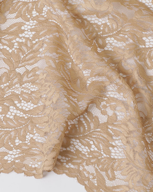 قماش دانتيل صناعي بني مع تطريز بنفس اللون بتصميم فاخر-D13898