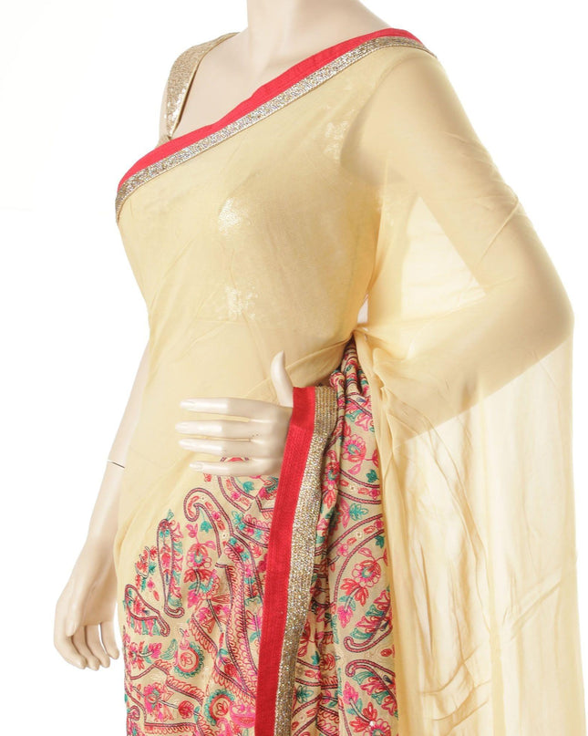 ساري شيفون صناعي مخلوط باللون البيج اللاتيه مع تطريز متعدد الألوان بتصميم فاخر مع خرز متعدد الألوان