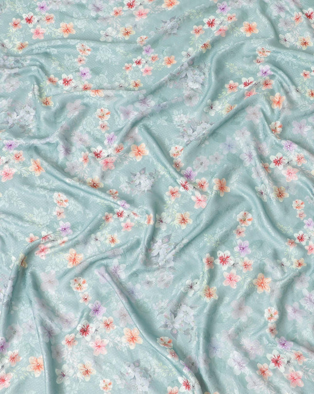 Artichoke green synthetic crepe fabric with lavender, red, peach, sage green print having metallic finish and stone work in floral design-D6835