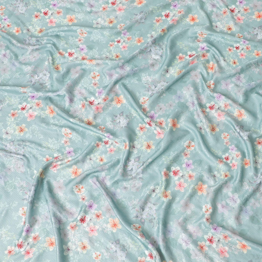 قماش كريب صناعي أخضر الخرشوف مع طباعة الخزامى والأحمر والخوخ والأخضر المريمية ذات تشطيب معدني وأعمال حجرية بتصميم الأزهار - D6835