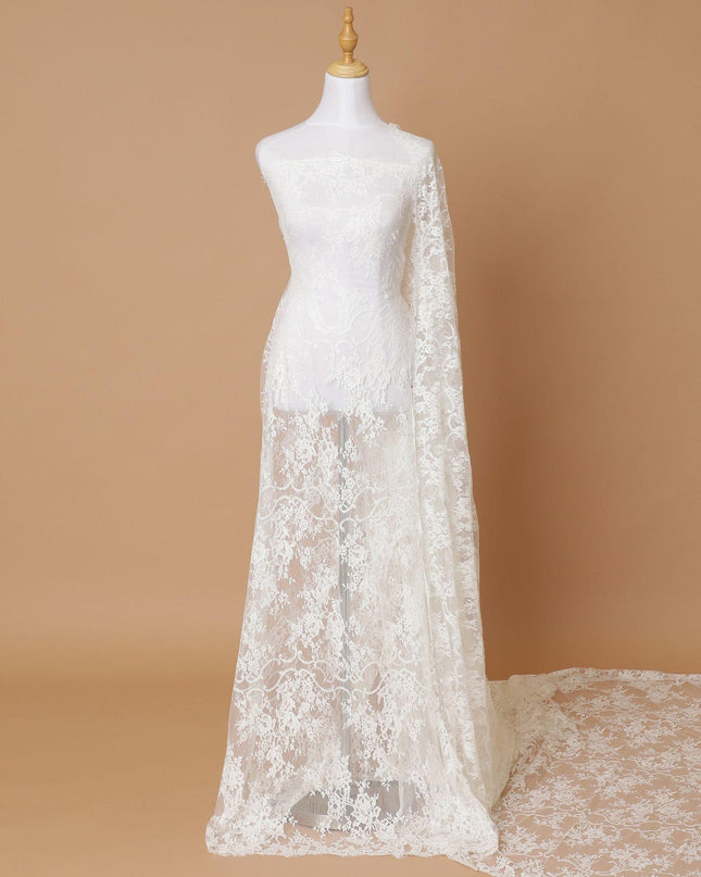 Ivory Premium Wedding French chantilly lace fabric in floral design-D8368