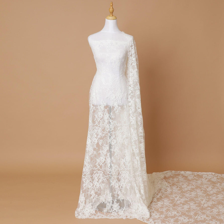 Ivory Premium Wedding French chantilly lace fabric in floral design-D8368