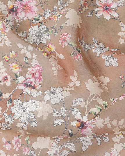 Light brown cotton voile fabric with off white, black, baby pink and beige print in floral design-D6281
