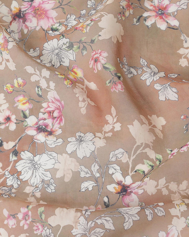 Light brown cotton voile fabric with off white, black, baby pink and beige print in floral design-D6281