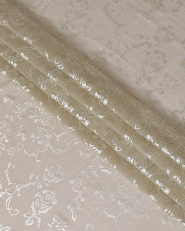 Beige Premim pure silk chiffon fabric with silver jacquard in floral design-D15326