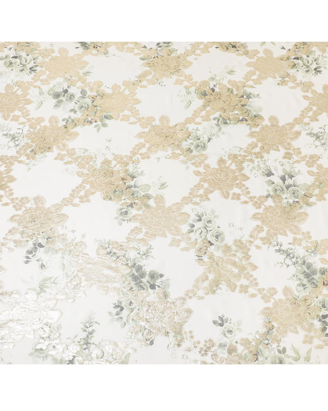 قماش شيفون من الحرير الخالص باللون الأبيض الفاتح مع طباعة باللون الأخضر الغاري والأسود مع لوريكس معدني ذهبي بتصميم الأزهار - D8329