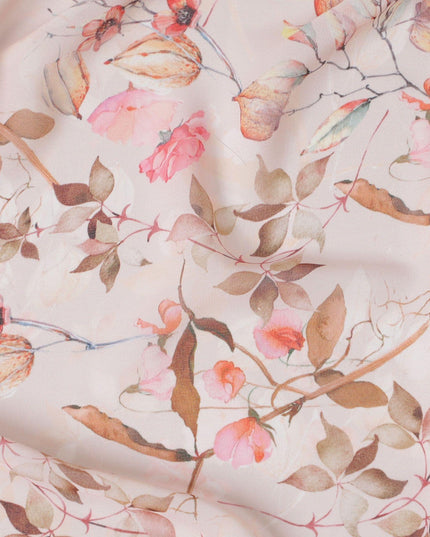 قماش جورجيت صناعي باللون البيج اللاتيه مع طباعة متعددة الألوان بتصميم الأزهار-D10294