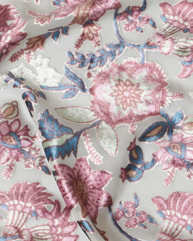 Vista green synthetic chiffon fabric with multicolor velvet burnout print in floral design-D14162 Regal Fabrics