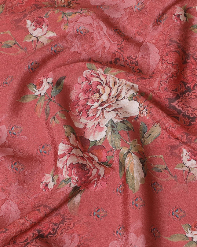 قماش كريب صناعي باللون الأحمر القرميدي مع طباعة متعددة الألوان بتصميم الأزهار-D15026