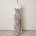 Pearl grey silk blended velvet fabric with beige, powder blue and rose pink embroidery having stone work in floral design-D11861 Regal Fabrics