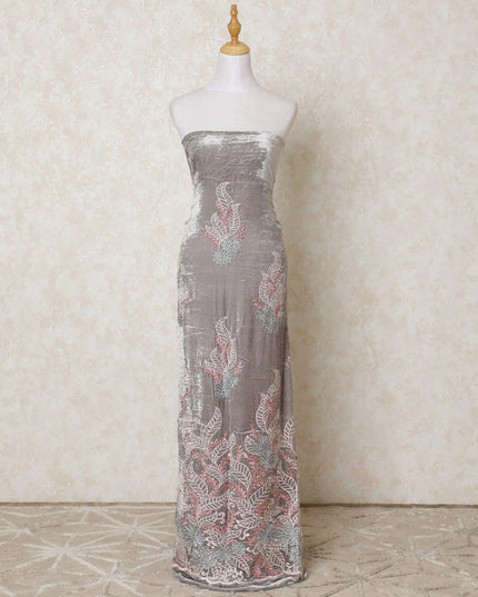 Pearl grey silk blended velvet fabric with beige, powder blue and rose pink embroidery having stone work in floral design-D11861 Regal Fabrics