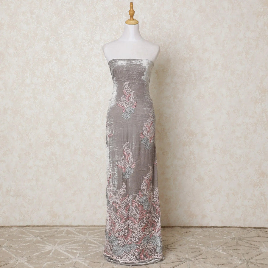 Pearl grey silk blended velvet fabric with beige, powder blue and rose pink embroidery having stone work in floral design-D11861 Regal Fabrics