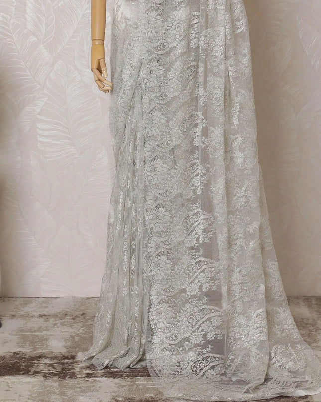 Pearl grey, multicolor Premium pure French metallic chantilly lace saree in floral design-D14551 Regal Fabrics
